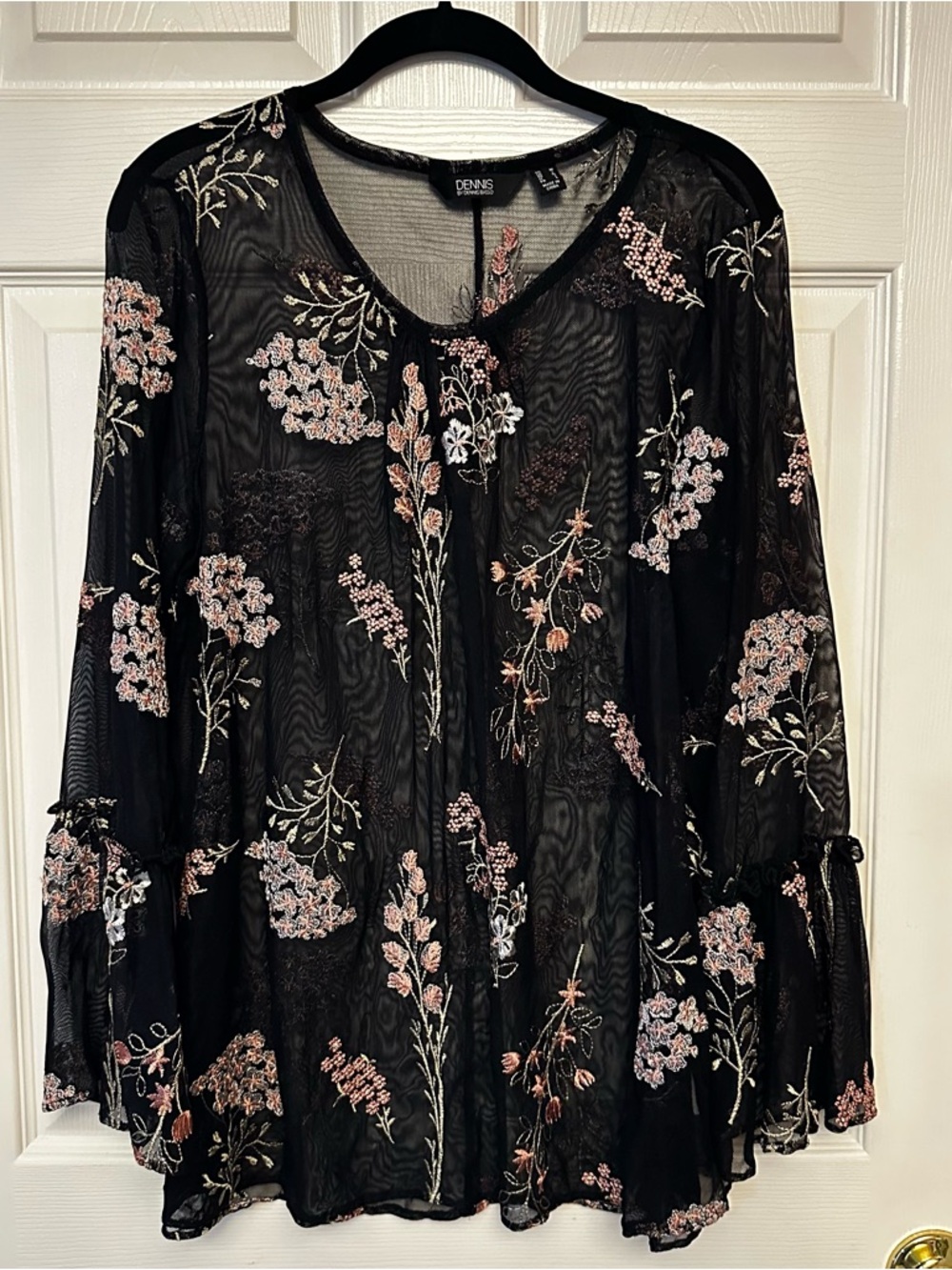 Dennis Basso Embroidered Mesh Top Blouse Size M Boho Festival Fairy Coverup